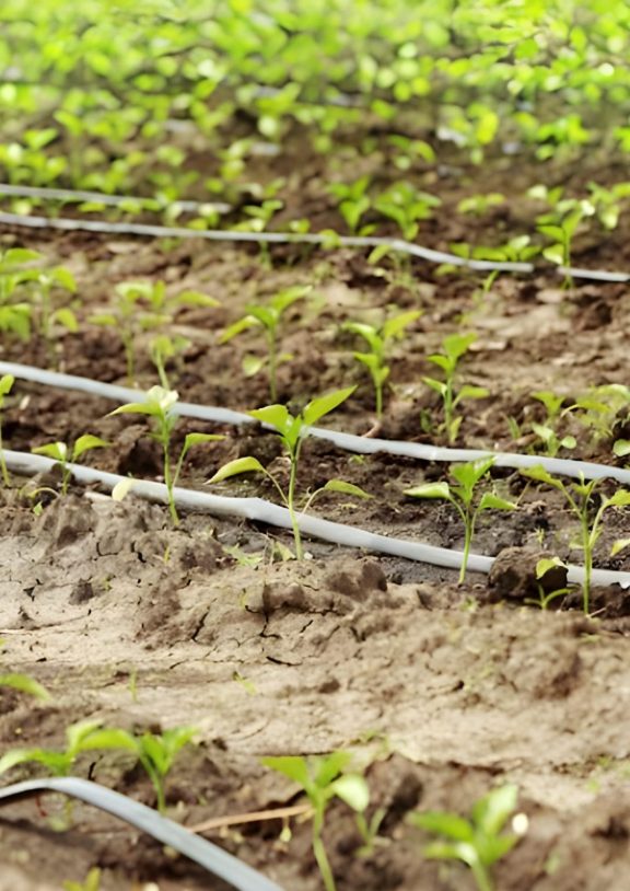 Drip irrigation is a highly efficient method of watering crops that delivers water directly to the plant's roots through a network of tubes, pipes, and emitters.